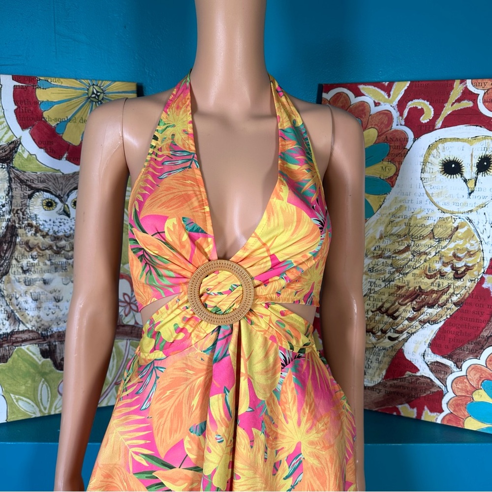 Shein Dress Tropical Print Layered Hem Tie Backless Halter Hawaiian Sun‎ Dress - Picture 3 of 10